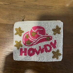 Beaded 'Howdy' Coin Purse - White, Pink, Gold